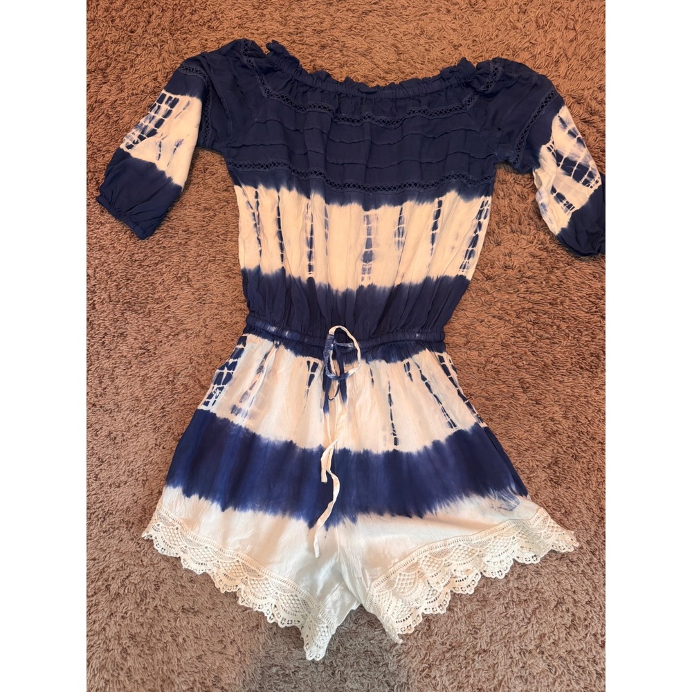 Solitaire Swim Blue Tie Dye Off Shoulder Cover Up Romper Lace Trim Fits Small